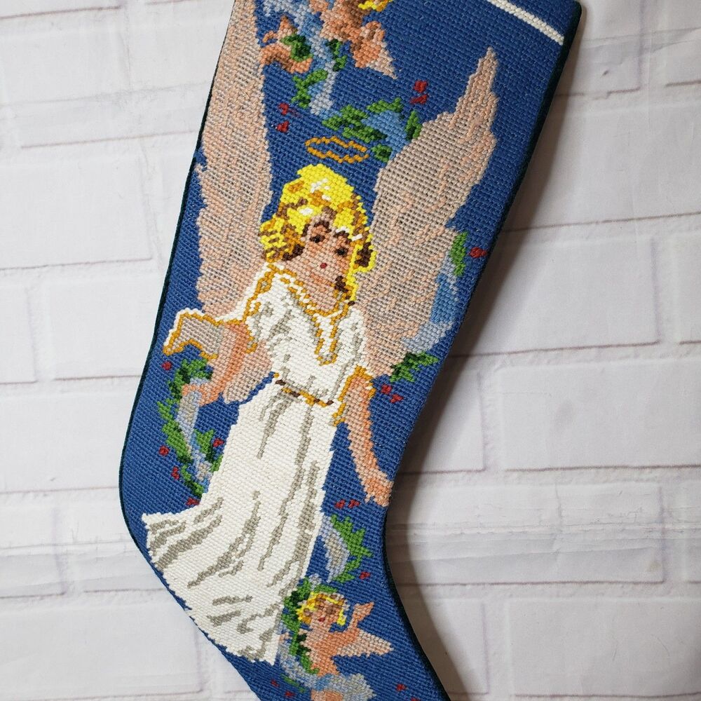 Vintage Handcrafted Wool Needlepoint Angel Christmas Stocking Cross Stitch